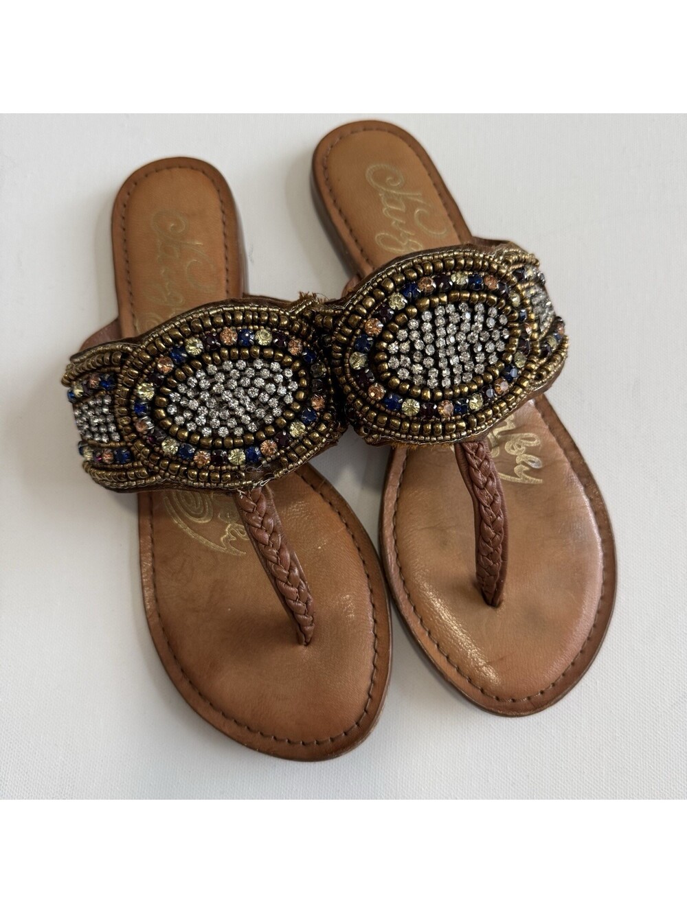 Naughty Monkey Womens 6.5 Leather Jeweled Rhinestone Beaded Thong Sandals Brown